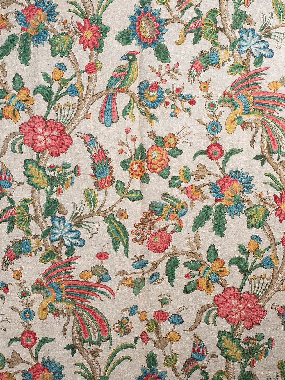 Thumbnail: chinoiserie textile with vibrantly coloured exotic birds and flowers in pinks, greens and yellows on a plain linen ground