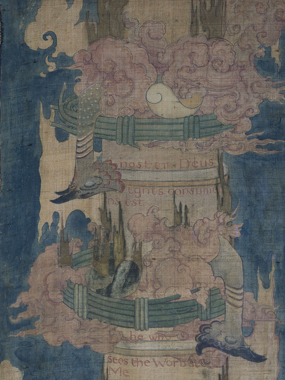Thumbnail: esoteric painting by Maxwell Armfield. created as a wall hanging on silk now presented in a hand carved and gilded frame