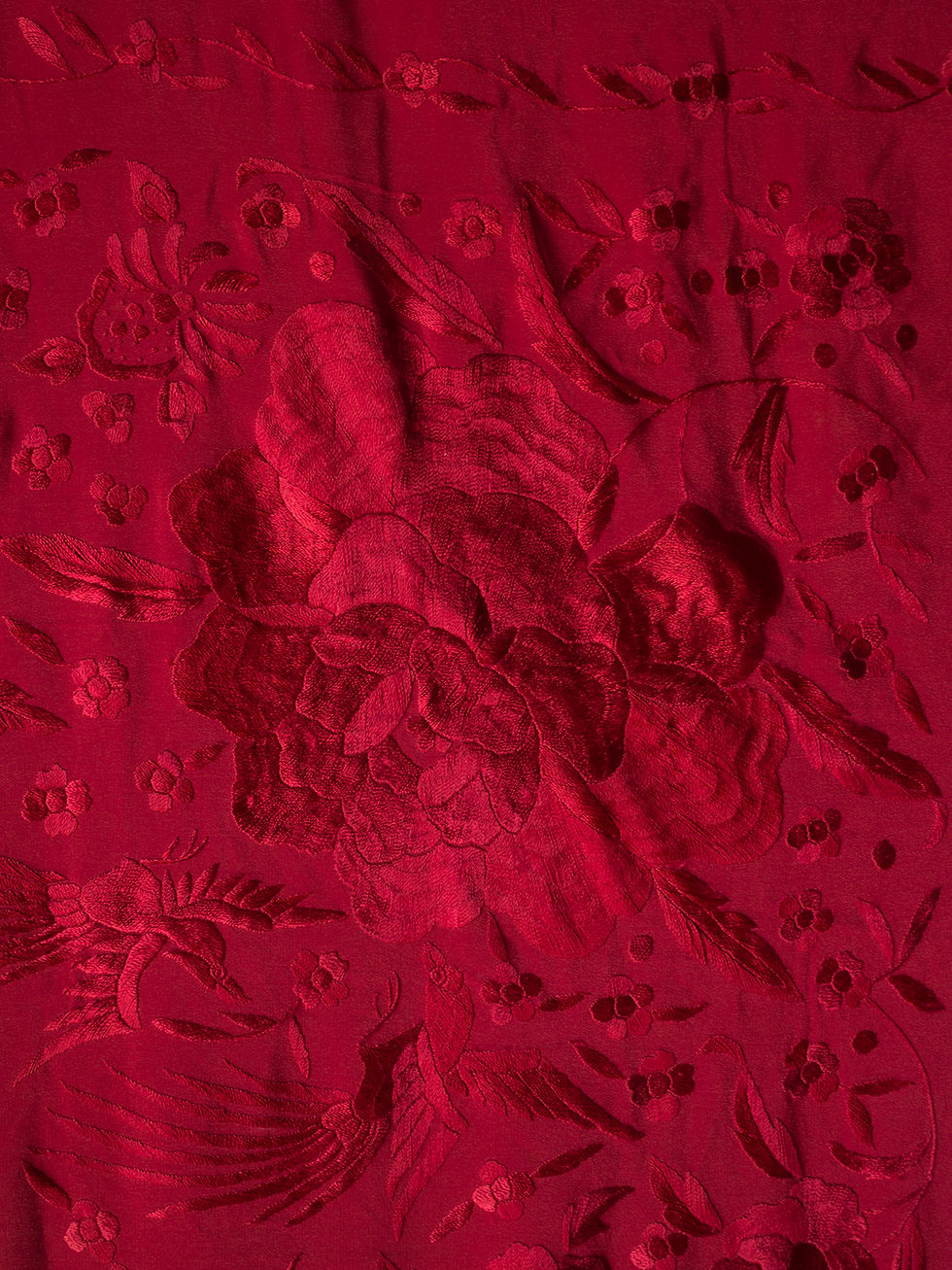 Thumbnail: red silk piano shawl in an art deco style, with beaded borders and fringing, embroidered with birds and flowers