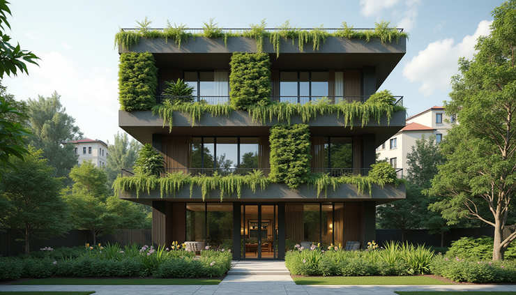 Vista frontal de edificio residencial con jardines verticales y diseño integrado al entorno