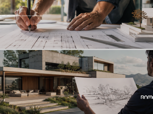Planos arquitectonicos siendo revisados por arquitecto en obra supervisando la construccion de una residencia terminada.