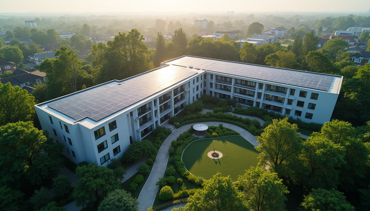 Vista aérea de edificio residencial con paneles solares y jardines verdes