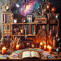 a witch's wooden bookshelf in the galaxy full of books, tarot cards, and divination tools