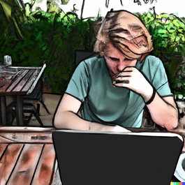DALL·E 2023-05-27 13.47.15 - A blonde guy working on his laptop in the garden sitting at a