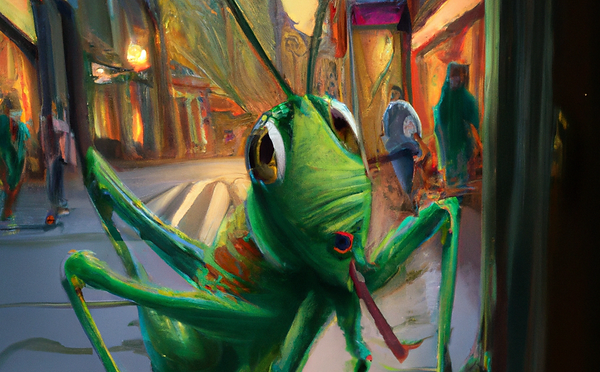 DALL·E 2023-05-27 13.32.45 - A little green cricket on a city street, digital art.png