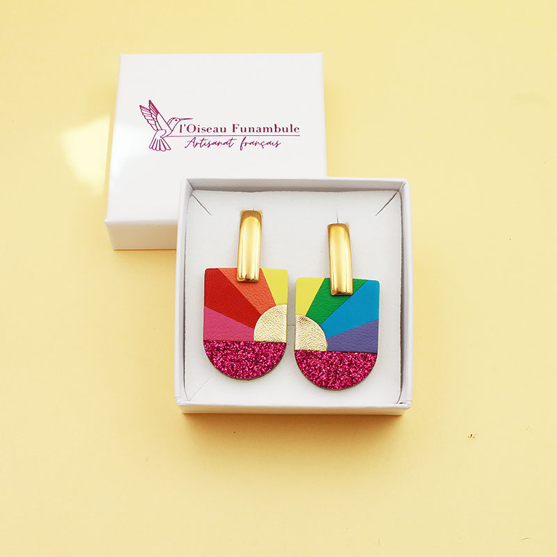 Boucles d'oreilles arc-en-ciel, cuir recyclé coloré, paillettes