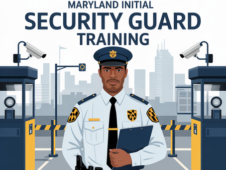 Security Officer standing in front of guard booths with Maryland flag above, representing Maryland Initial Security Guard Training by Eight Point Solutions.