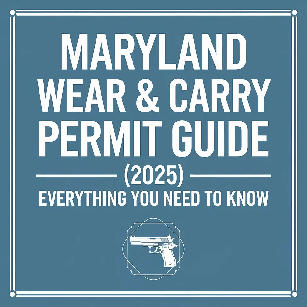 Blue cover with text "Maryland Wear & Carry Permit Guide (2025) Everything You Need to Know." Features a white gun icon below text.