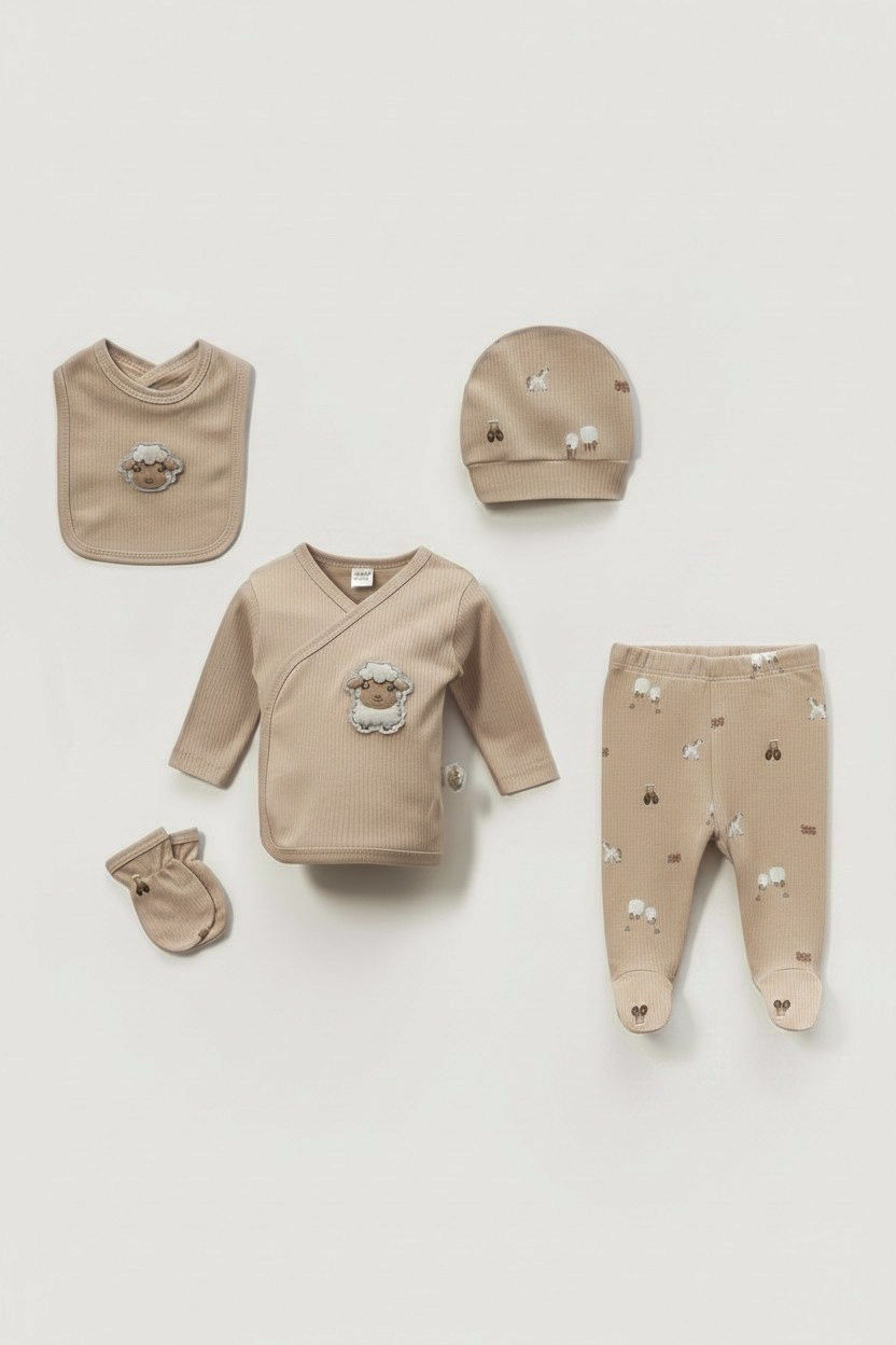 Thumbnail: Little Lamb Baby Gift Set - 5-Piece Neutral Tan Cotton with Plush Sheep