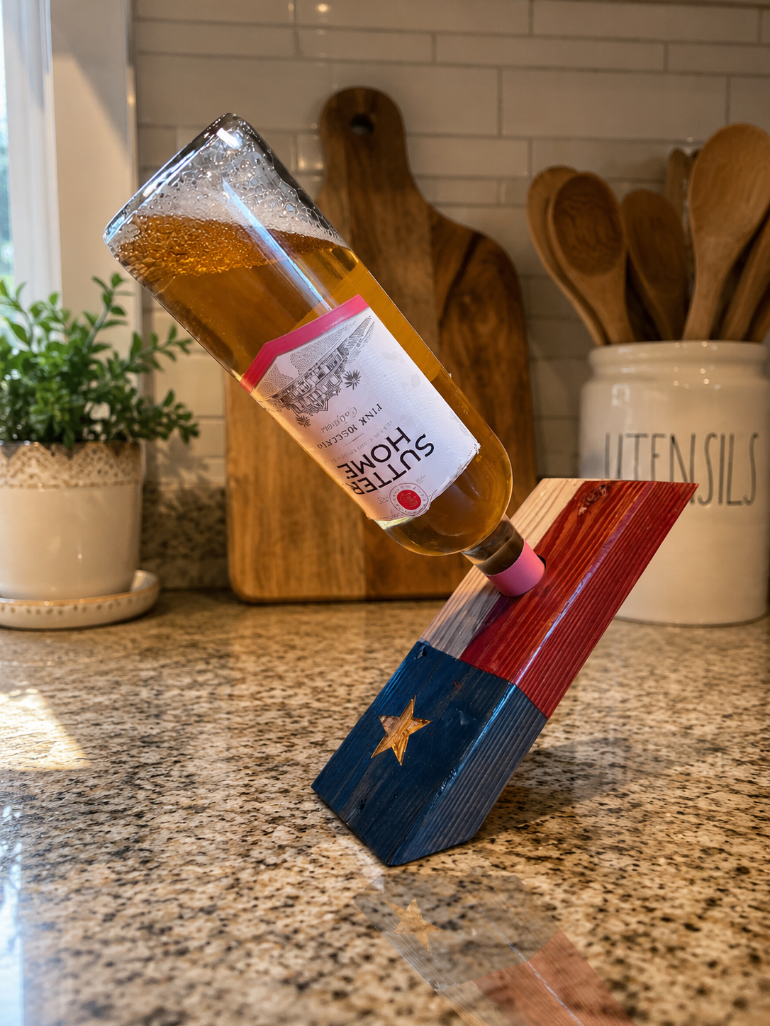 Handcrafted Wooden Wine Bottle Holder- Rustic Countertop Display