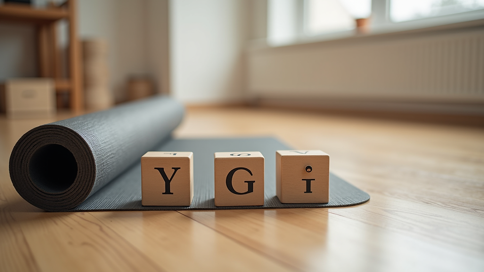 Close-up view of a yoga mat and blocks neatly arranged on a wooden floor