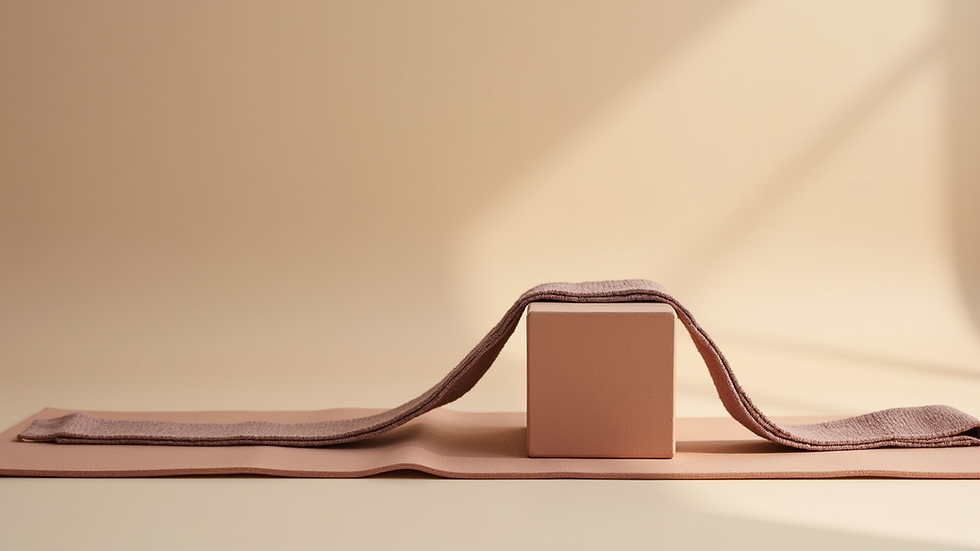 Eye-level view of a yoga block and strap set on a neutral background
