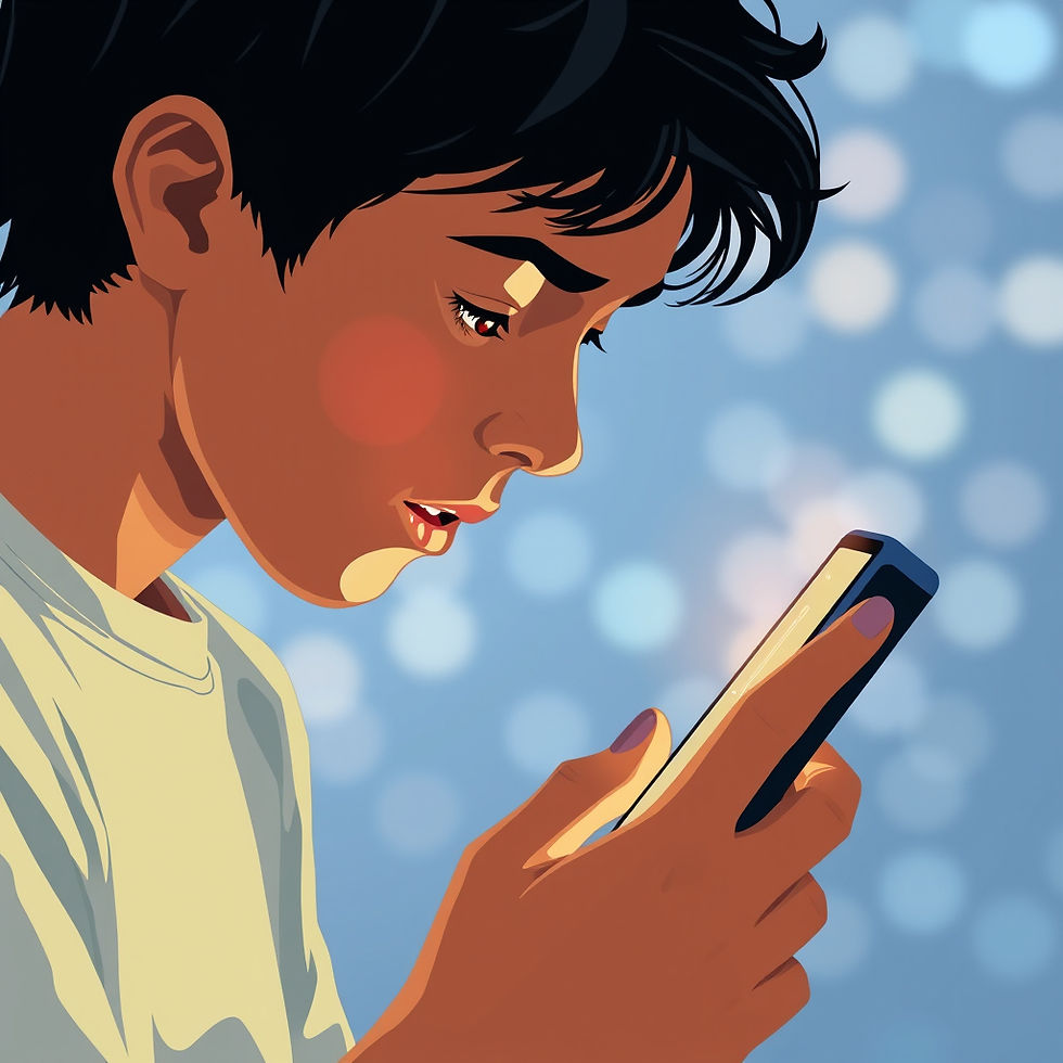 A young person with dark hair looks intently at a glowing phone. Soft bokeh lights in the blue background. Calm mood.