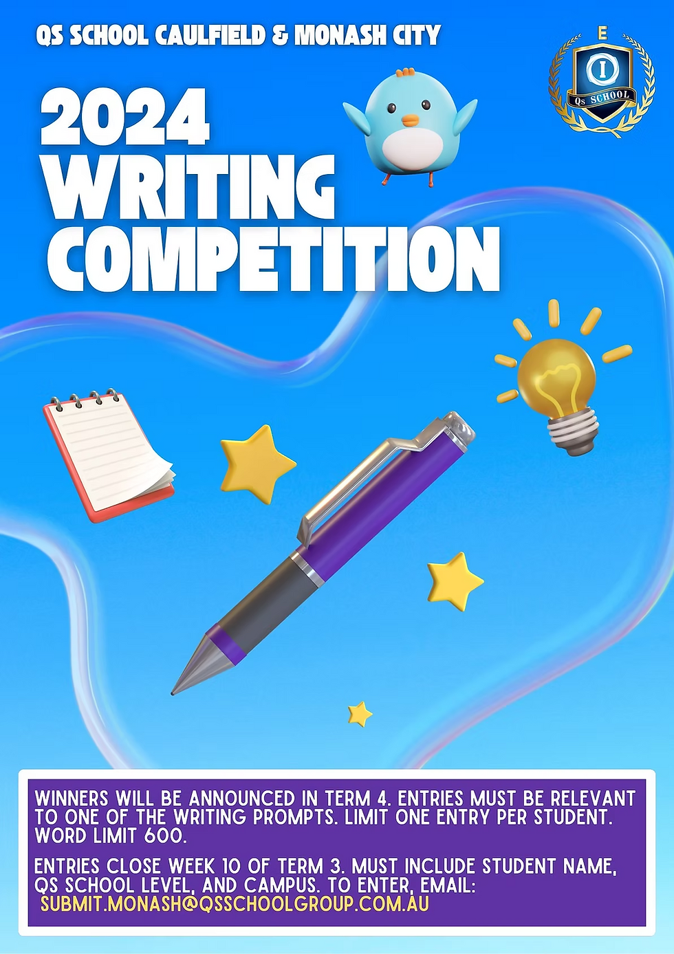 Poster for 2024 Writing Competition by Qs School. Features a blue bird, pen, lightbulb, notepad, and stars on a blue background.