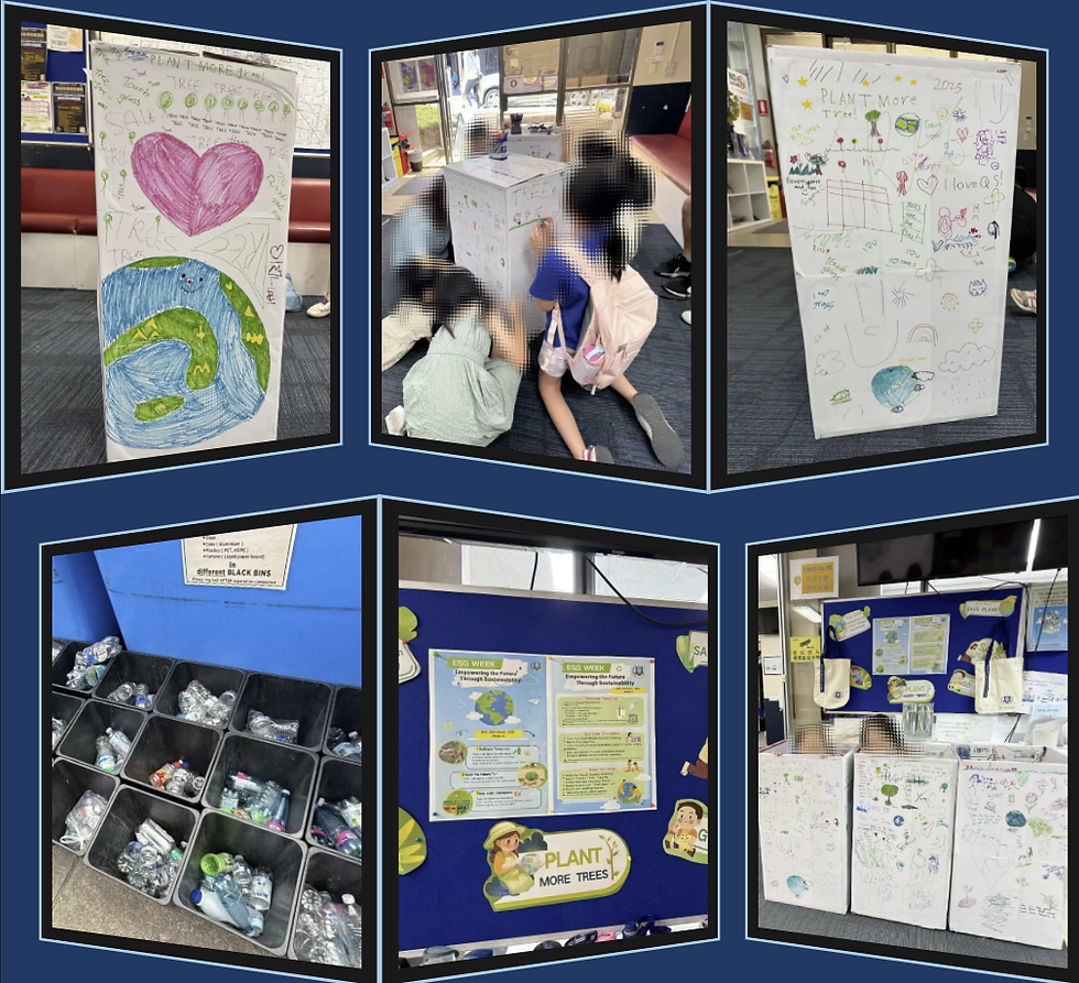 Children draw on a white box with colorful earth and heart illustrations. Nearby, bins hold plastic bottles. Posters promote "Plant More Trees."