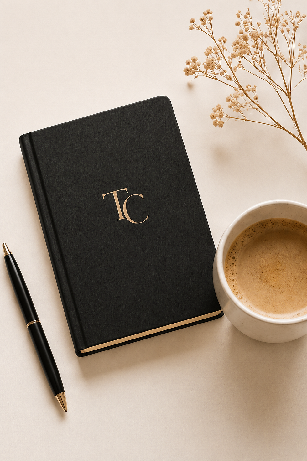 Book and pen engraved with Teresa Cardona's initias "TC" in gold and a hot cup of chai tea in a beige mug on a nondescript table.