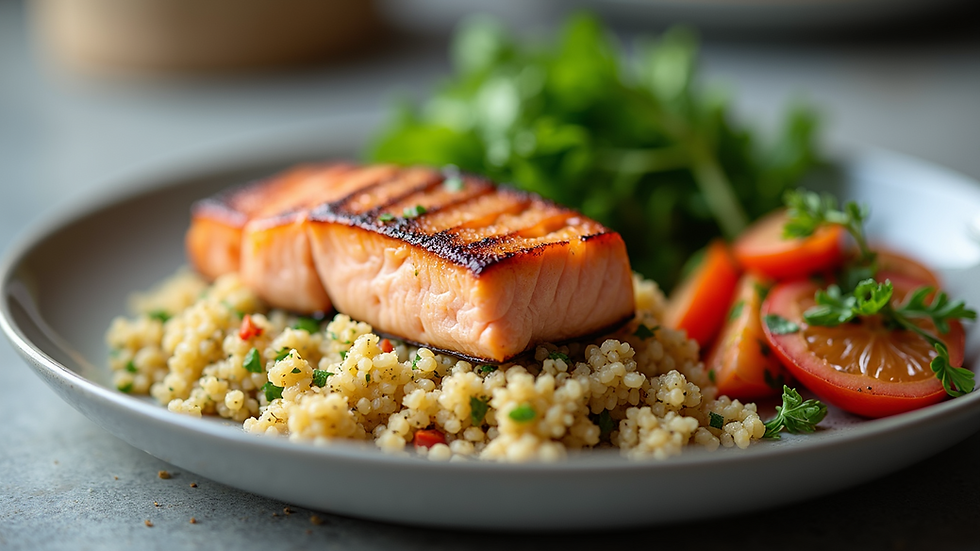 Close-up view of a balanced plate with grilled salmon, quinoa, and steamed vegetables