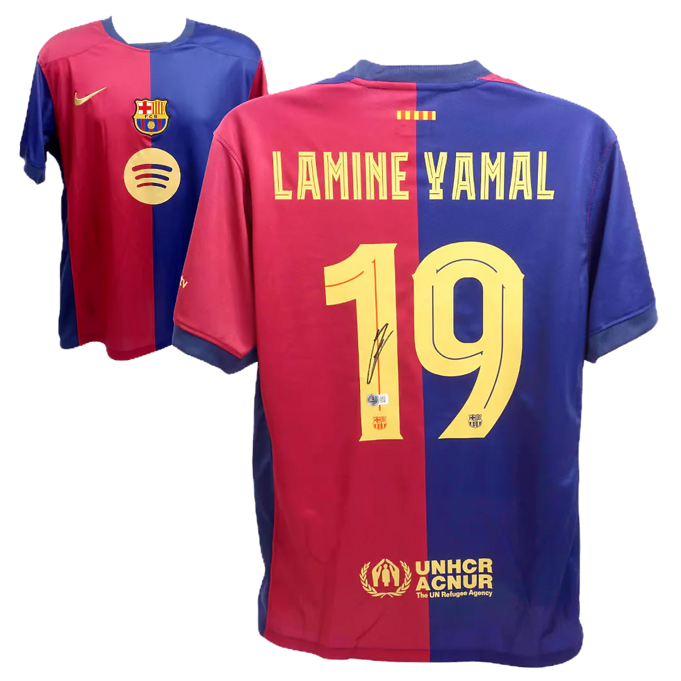 Thumbnail: Authentic Lamine Yamal Signed FC Barcelona Home Soccer Jersey #19 with Bec