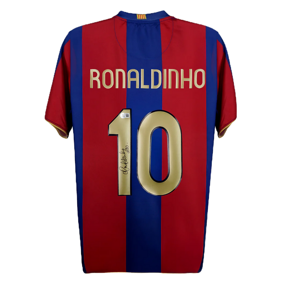 Thumbnail: Authentic Ronaldinho Signed FC Barcelona Home Soccer Jersey #10 with Beckett COA