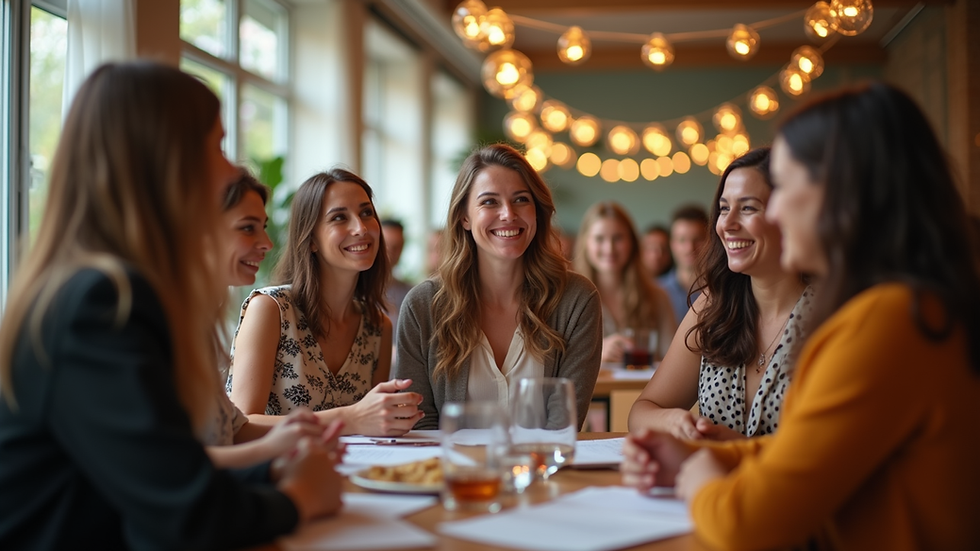 Eye-level view of a vibrant community gathering with women entrepreneurs sharing ideas