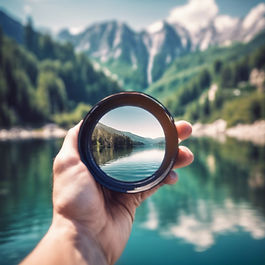 lens in hand on the background of a lake in the mountains. travel concept..jpg