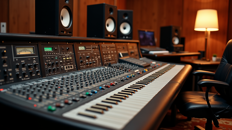 High angle view of a mixing console in a film scoring studio