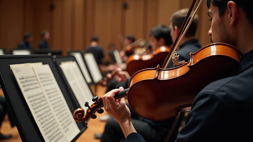 High angle view of orchestral musicians recording a film score