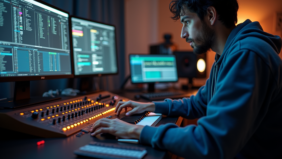 Eye-level view of a composer working on a digital audio workstation