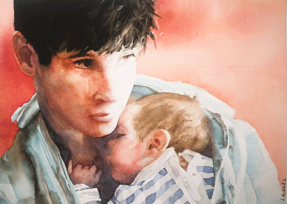 Mère, maternité, bébé, tendresse, couleurs rose, bleu, portrait