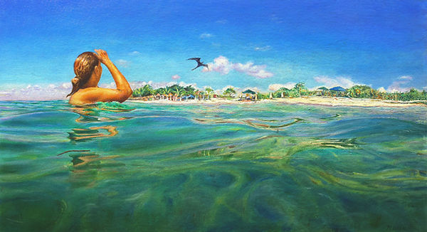 Oil on canvas of women in a Caribbean sea looking at a bird.