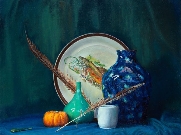 Oil painting of plate, feathers, vase and pumpkin.  Still life. 