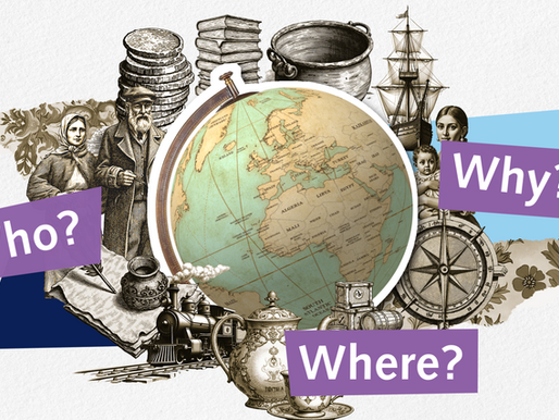Illustration showing museum interpretation through historical objects, maps and visual storytelling.