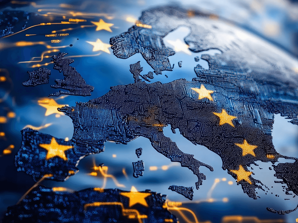 Digital map of Europe overlaid with glowing circuitry and EU stars, symbolising the European Union's regulation of artificial intelligence and data governance.
