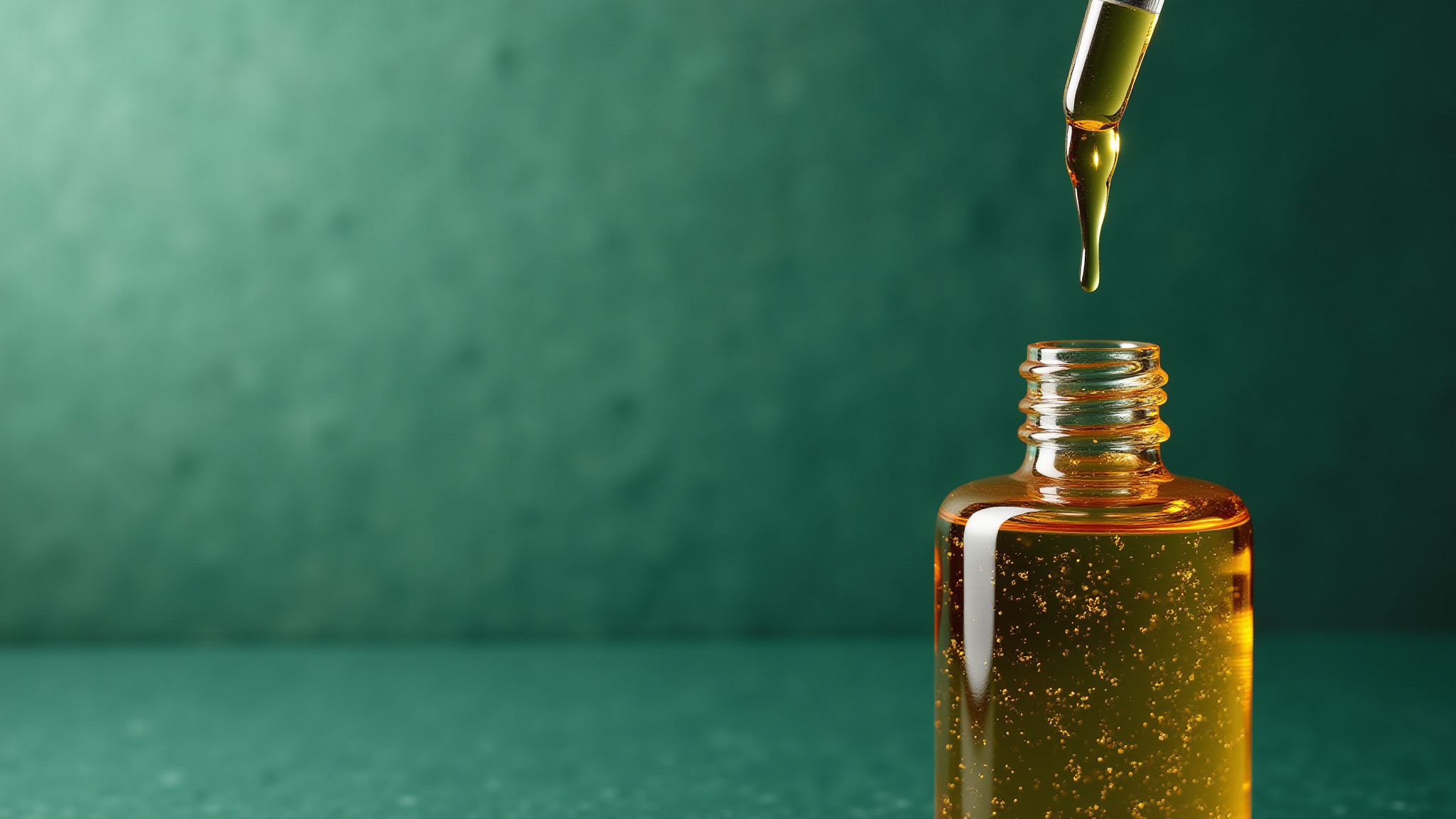A dropper pouring oil into a small glass bottle against green textured background.