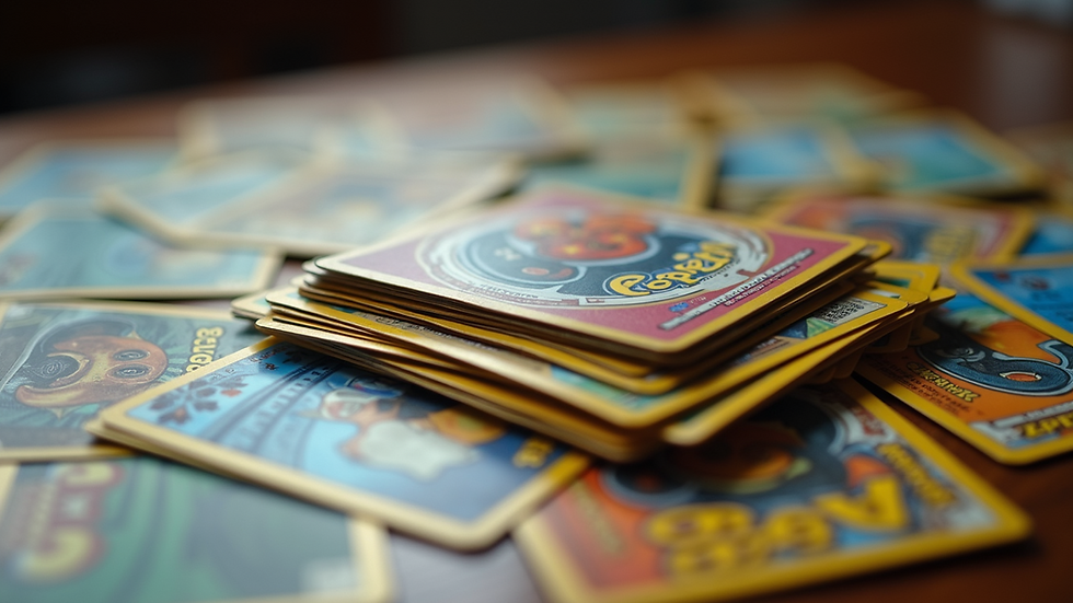 Close-up view of a bundle of assorted Pokémon cards