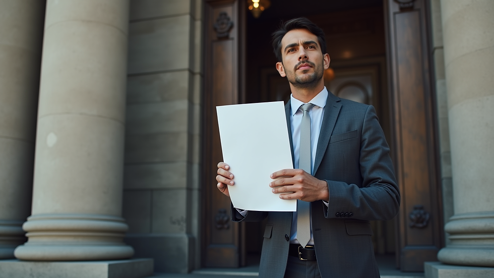 Eye-level view of a process server holding legal documents outside a courthouse