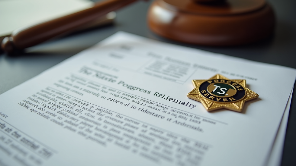Close-up view of legal documents and a process server's badge on a desk