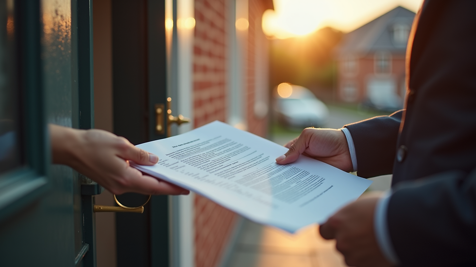Close-up view of legal documents being handed over at a residential doorstep