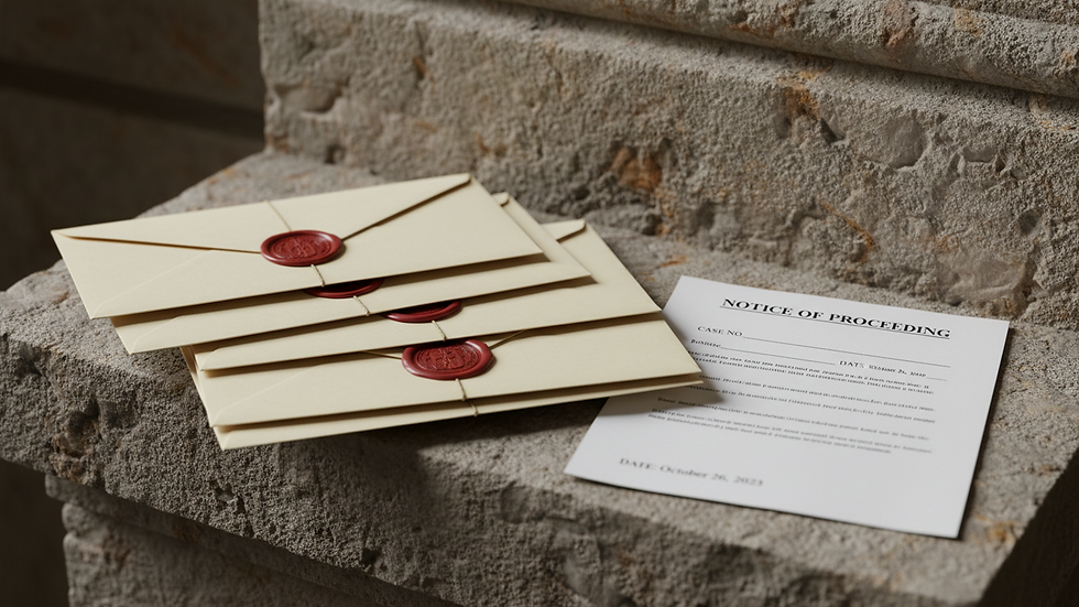Close-up view of sealed legal envelopes stacked beside a dated court notice