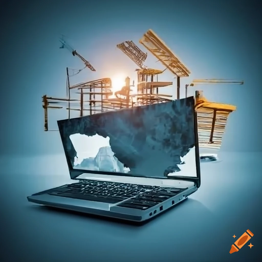 un computer e un edificio in costruzione, simboleggia la modellazione BIM, cioè usare mezzi informatici per gestire il processo edilizio