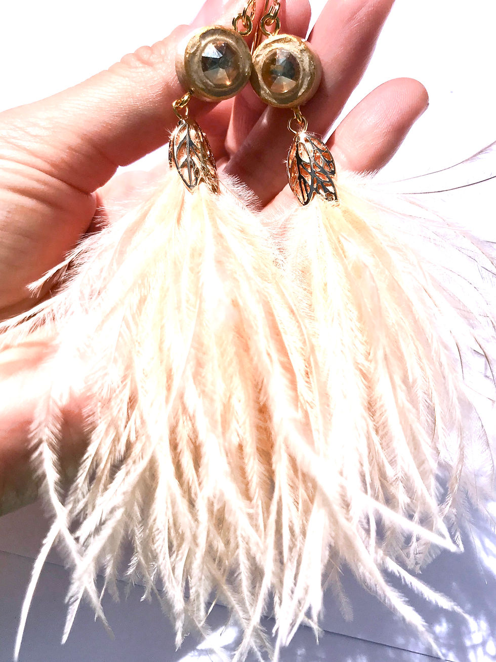 Thumbnail: Exclusive Cream & Gold feather tassel wooden earrings with Swarovski crystals