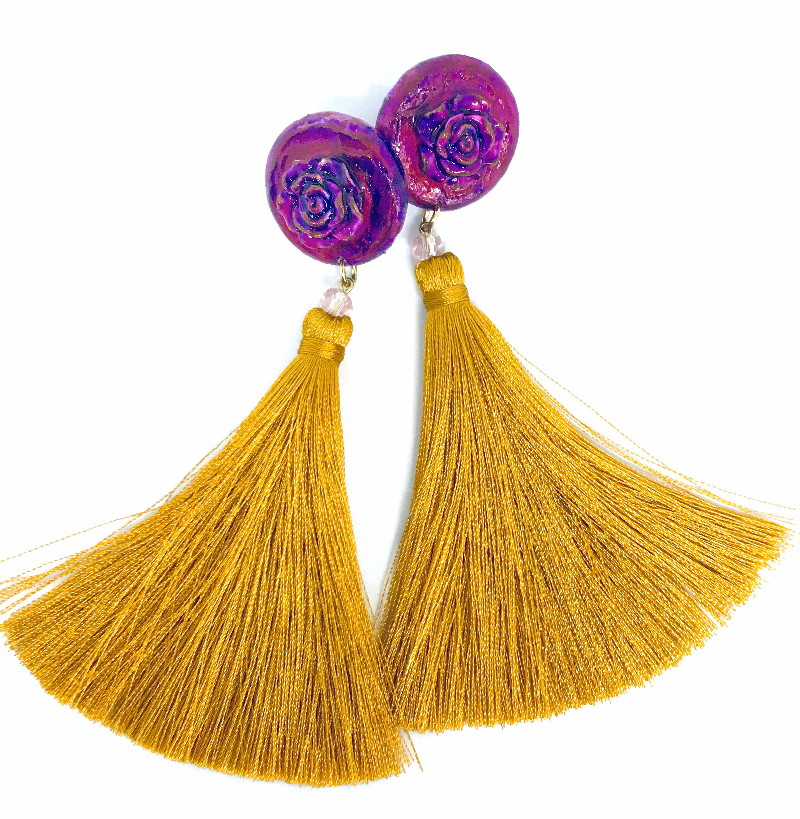 "Roses" Purple & Gold wooden tassel earrings