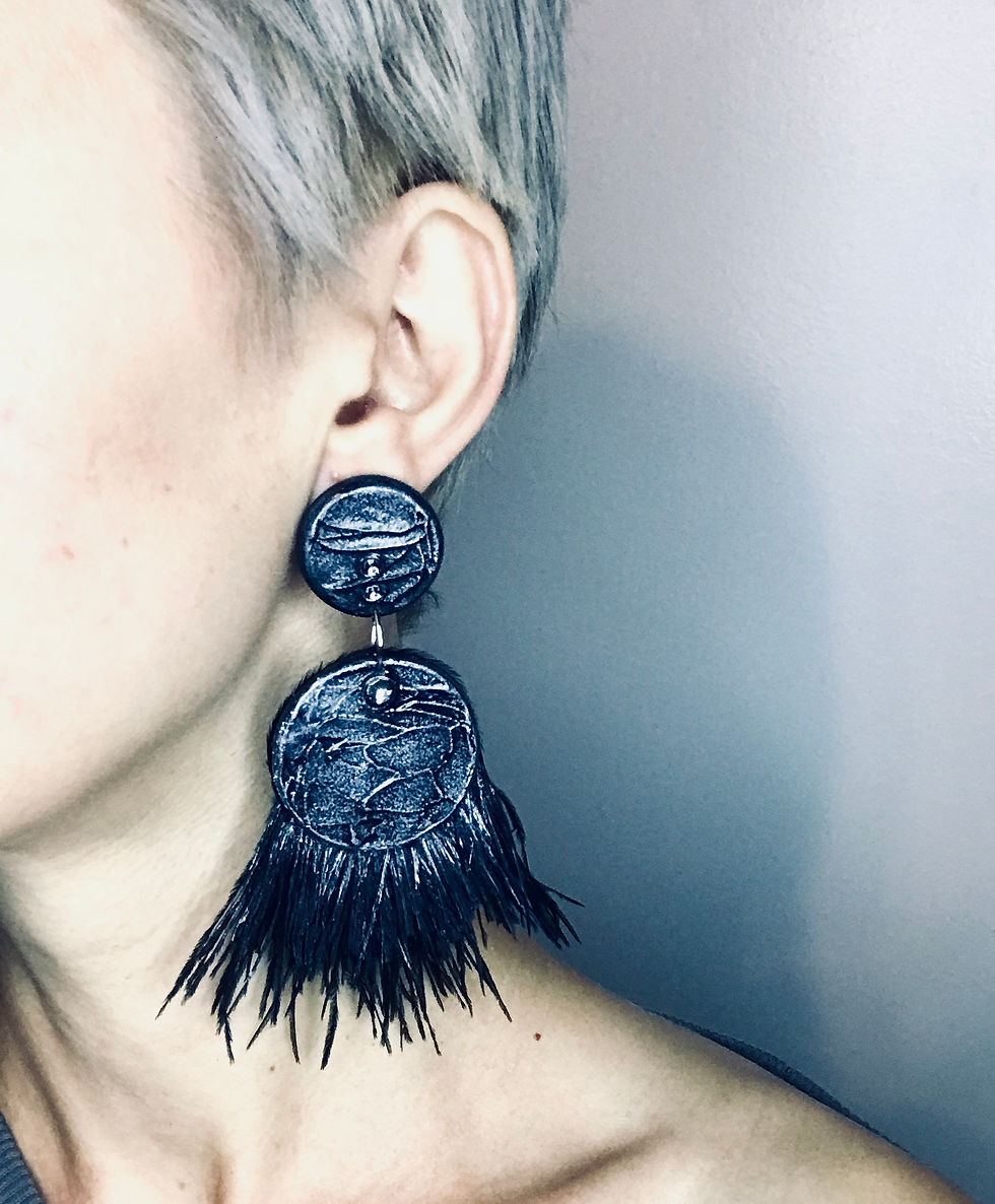 Thumbnail: Swarovski Black & Silver feather wooden pin earrings