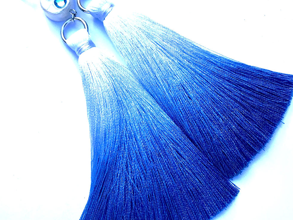 Thumbnail: Swarovski Blue & White wooden tassel earrings