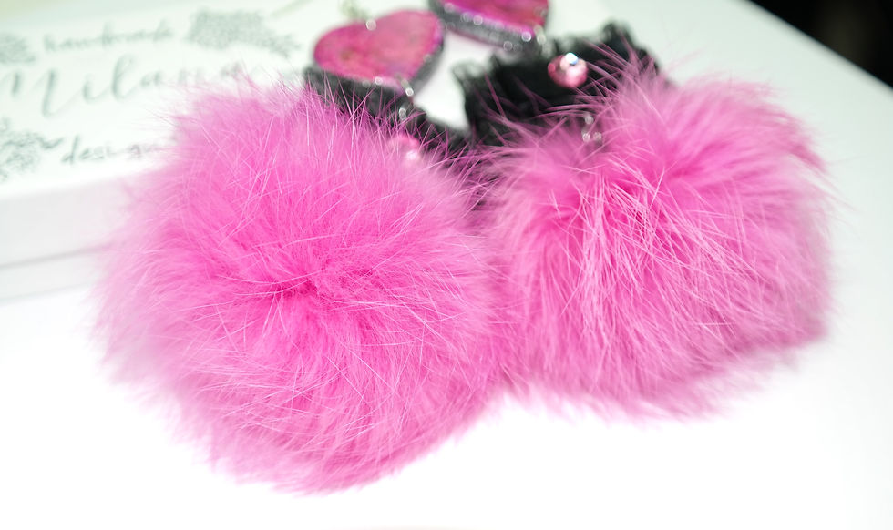 Thumbnail: Swarovski NATURAL Bright Pink & Black wooden earrings with Lapin pom-pom