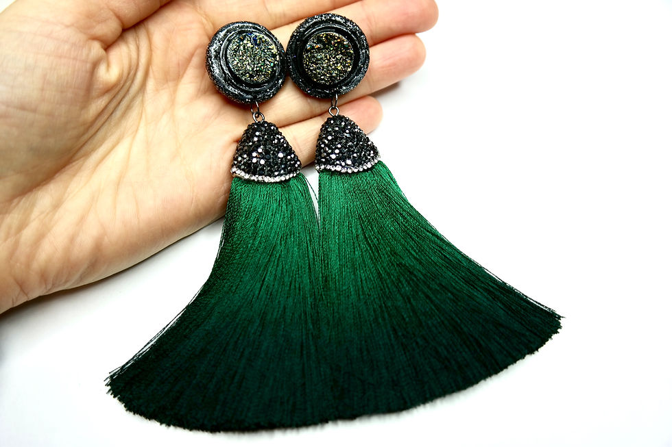 Thumbnail: Luxury Black & Green sparkle tassel earrings