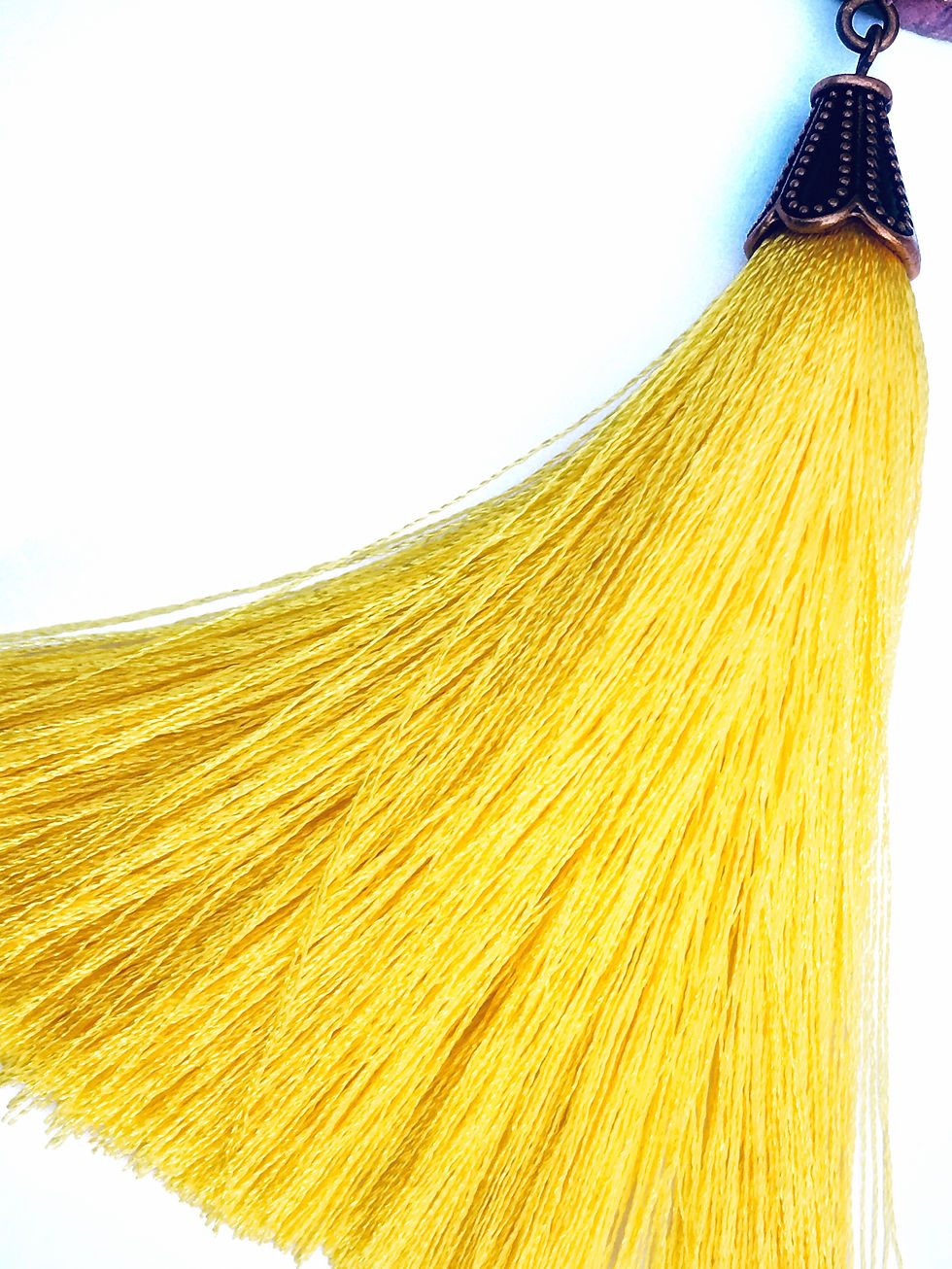 Thumbnail: "Spider" Rainbow/Yellow & Copper long wooden tassel necklace