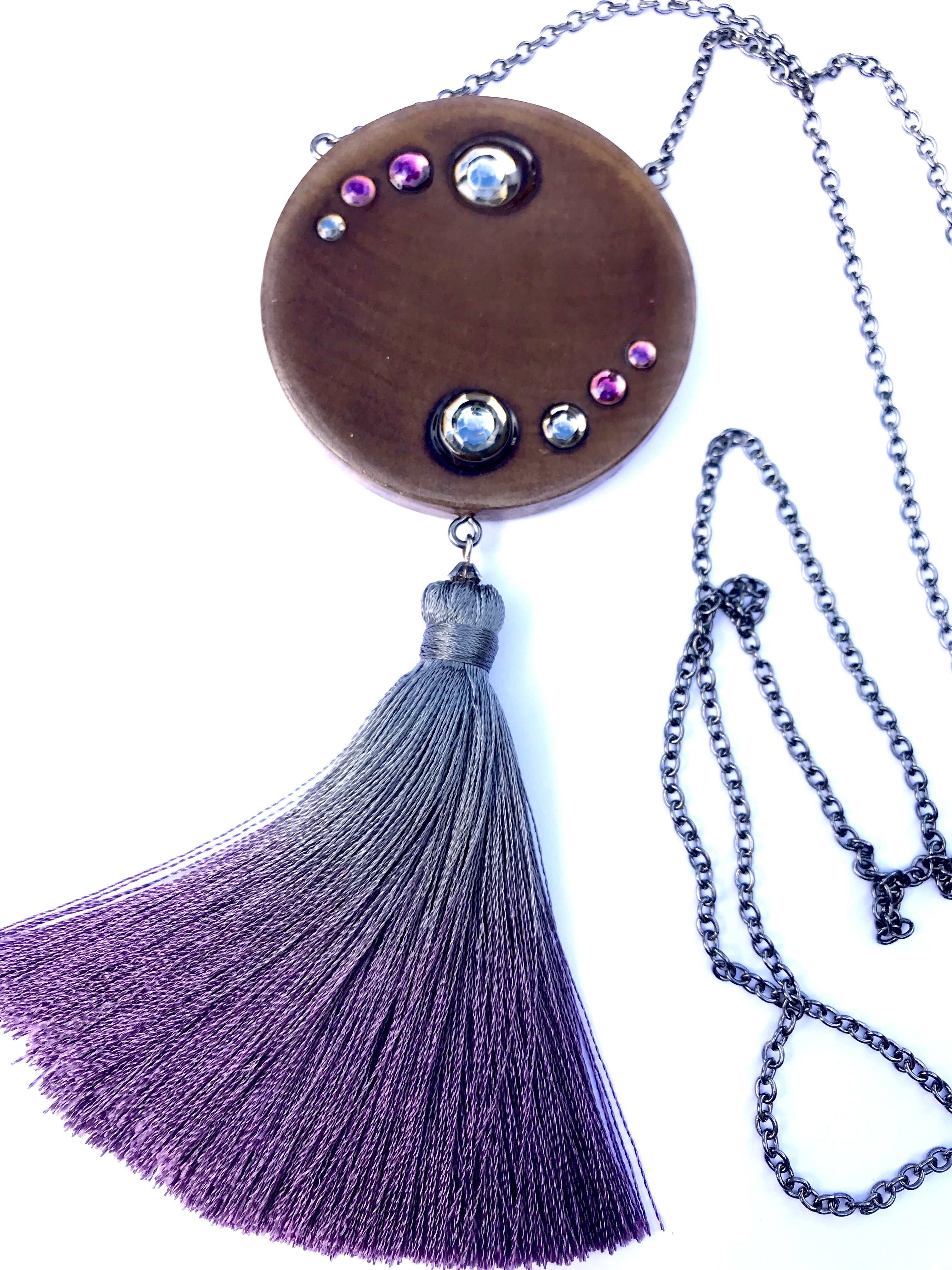 "IN-YAN" Natural Swarovski long wooden Gradient tassel necklace