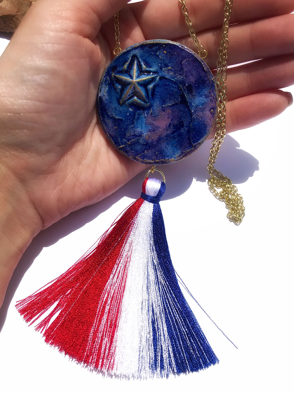 Thumbnail: "Patriotic American" Flag colors long wooden tassel necklace with Star