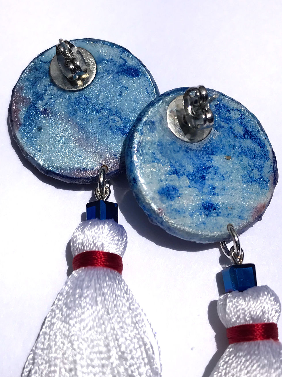Thumbnail: Patriotic Whit & Blue Stars wooden tassel earrings
